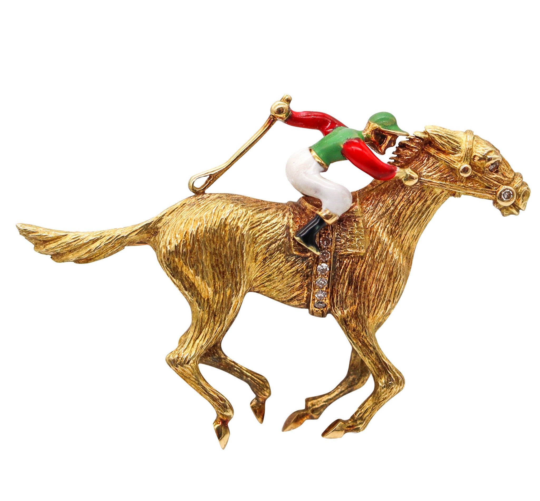 -Cartier 1950 Enameled Racing Horse Jockey Brooch In 18Kt Gold With Diamonds
