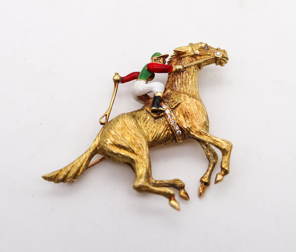 -Cartier 1950 Enameled Racing Horse Jockey Brooch In 18Kt Gold With Diamonds