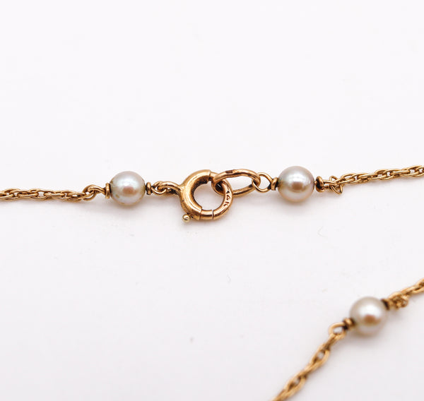 Art Deco 1930 Station Sautoir In 14Kt Yellow Gold With 24 Natural White Round Pearls