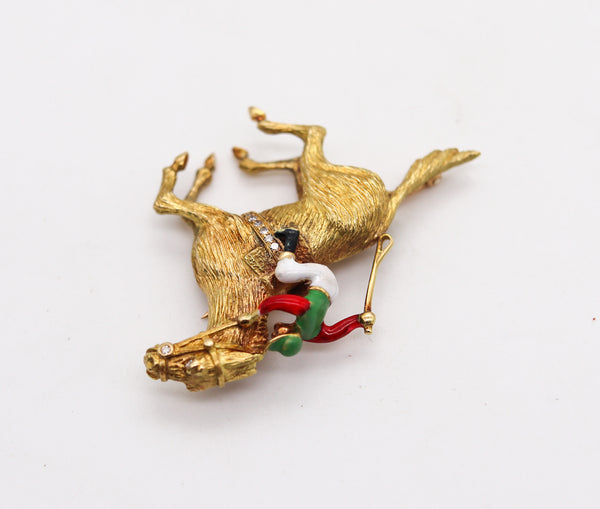 -Cartier 1950 Enameled Racing Horse Jockey Brooch In 18Kt Gold With Diamonds