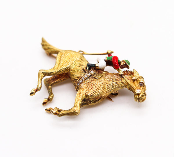 -Cartier 1950 Enameled Racing Horse Jockey Brooch In 18Kt Gold With Diamonds