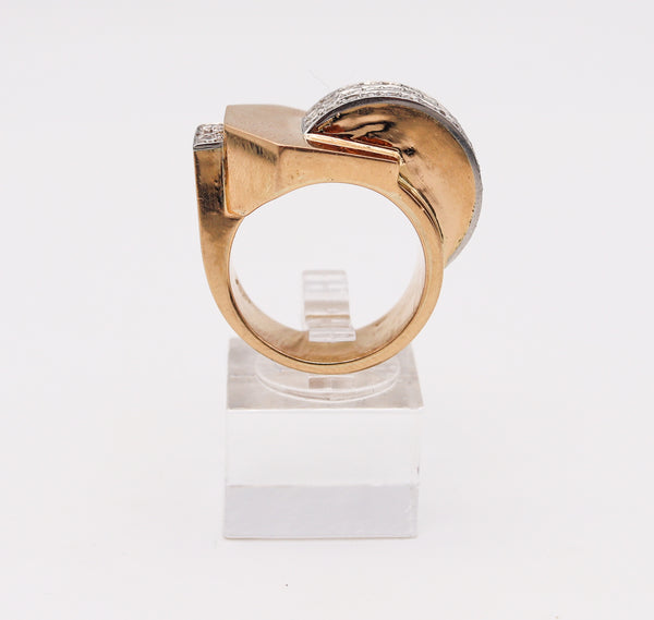 -Deco Retro 1935 Geometric Cocktail Ring In 18Kt Gold And Platinum With 1.65 Ctw Diamonds