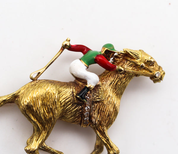 -Cartier 1950 Enameled Racing Horse Jockey Brooch In 18Kt Gold With Diamonds