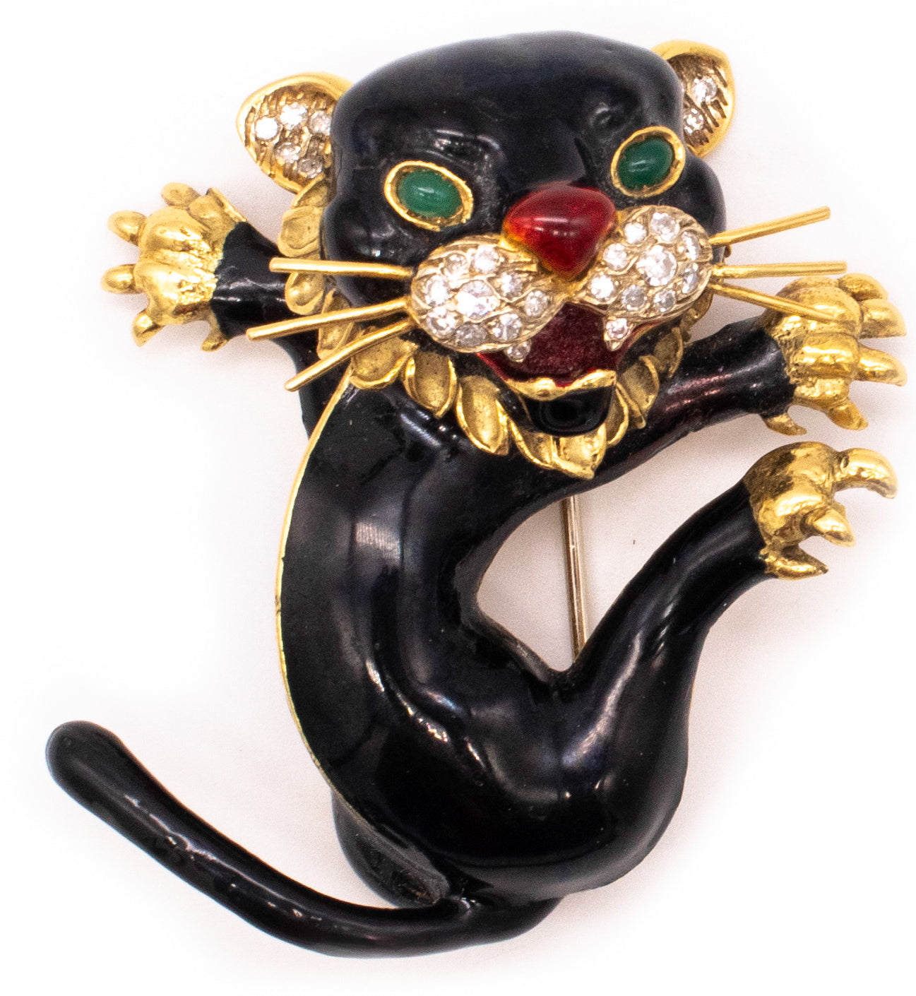 Frascarolo 1960 Italy 18Kt Gold Black Panther Brooch With Enamel 1.35 Ctw In Diamonds And Emeralds