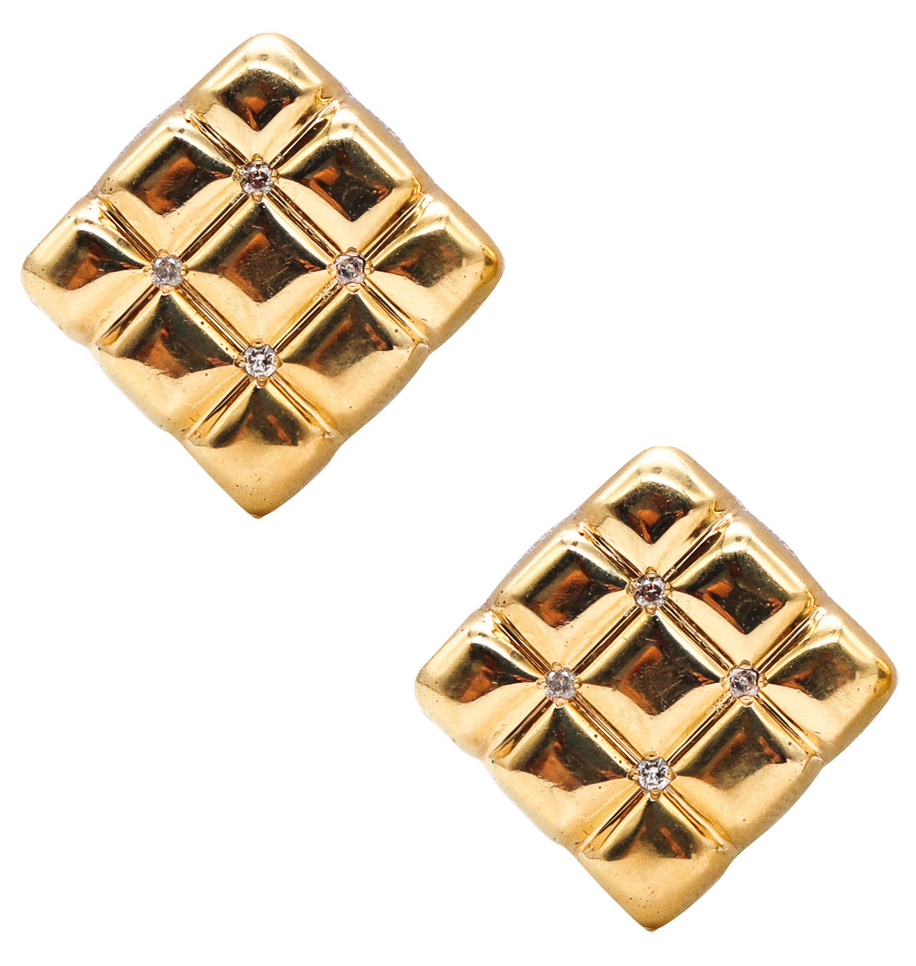 Aldo Cipullo 1970 New York Quilted Clip Earrings In 18 Kt Yellow Gold With Diamonds