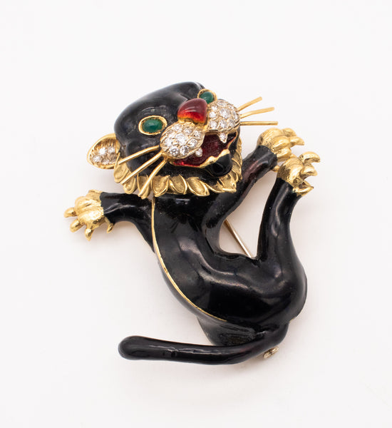 Frascarolo 1960 Italy 18Kt Gold Black Panther Brooch With Enamel 1.35 Ctw In Diamonds And Emeralds