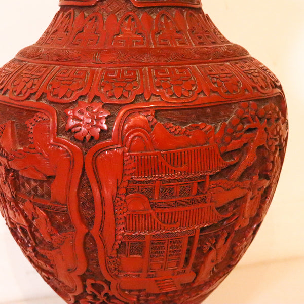 +China Export Victorian 1900 Large Bombe Baluster Carved Vase In Red Cinnabar