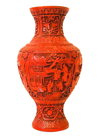 +China Export Victorian 1900 Large Bombe Baluster Carved Vase In Red Cinnabar