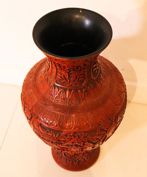 +China Export Victorian 1900 Large Bombe Baluster Carved Vase In Red Cinnabar