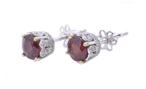 ROUND RUBIES & DIAMONDS ANTIQUE STYLE PLATINUM STUDS