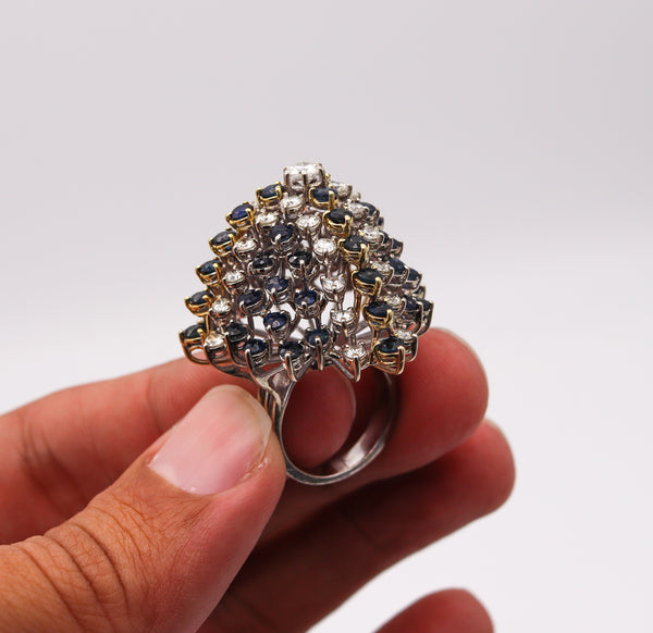 Modernist 1970 Cluster Cocktail Ring In 14Kt Gold With 10.36 Ctw Diamonds and Sapphires