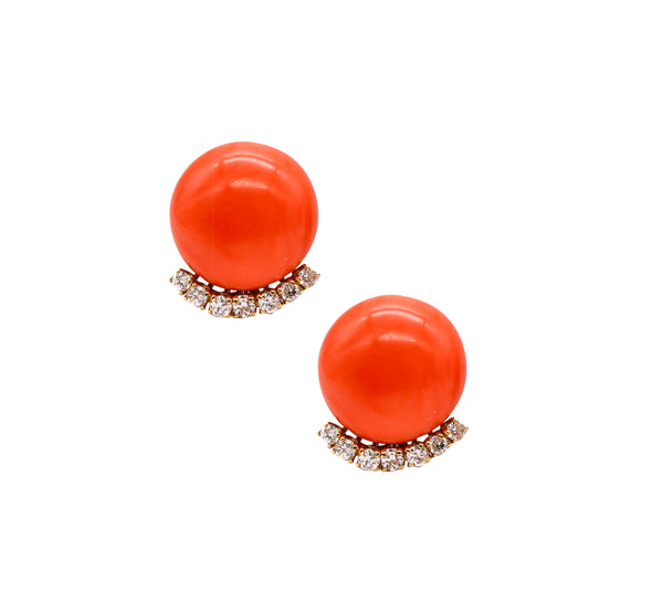 Modernist 1970 Clip Earrings In 18Kt Yellow Gold With 37.88 Cts In Diamonds And Coral