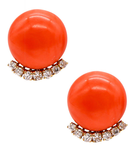 Modernist 1970 Clip Earrings In 18Kt Yellow Gold With 37.88 Cts In Diamonds And Coral