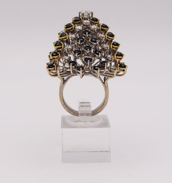 Modernist 1970 Cluster Cocktail Ring In 14Kt Gold With 10.36 Ctw Diamonds and Sapphires