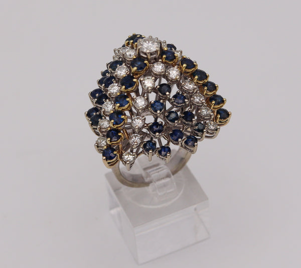 Modernist 1970 Cluster Cocktail Ring In 14Kt Gold With 10.36 Ctw Diamonds and Sapphires