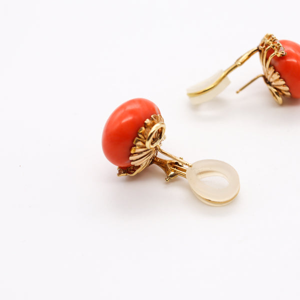 Modernist 1970 Clip Earrings In 18Kt Yellow Gold With 37.88 Cts In Diamonds And Coral