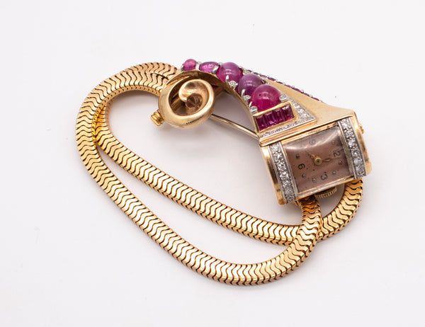 Art Deco 1940 Brooch Wristwatch In 18Kt Gold Gia Certified 9.87 Ctw Diamonds Star Rubies