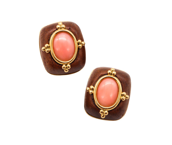 Trianon Seaman Schepps Clip Earrings In 18Kt Gold With Carved Rose Wood And Coral