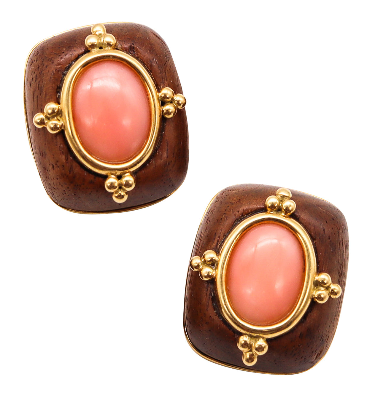 Trianon Seaman Schepps Clip Earrings In 18Kt Gold With Carved Rose Wood And Coral