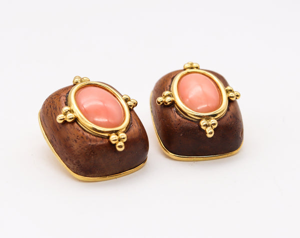 Trianon Seaman Schepps Clip Earrings In 18Kt Gold With Carved Rose Wood And Coral
