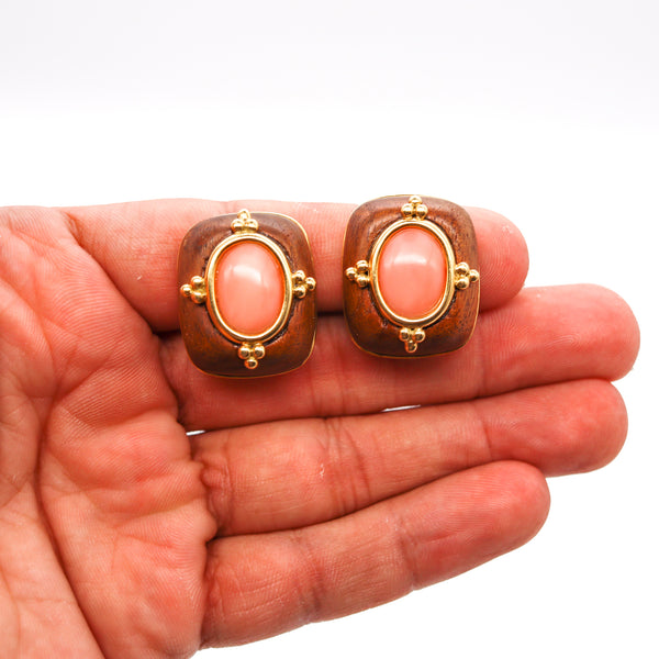 Trianon Seaman Schepps Clip Earrings In 18Kt Gold With Carved Rose Wood And Coral