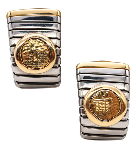 *Bvlgari Roma 1970 Moneta Tubogas Earrings in 18 kt Gold and Steel with Gold Coins