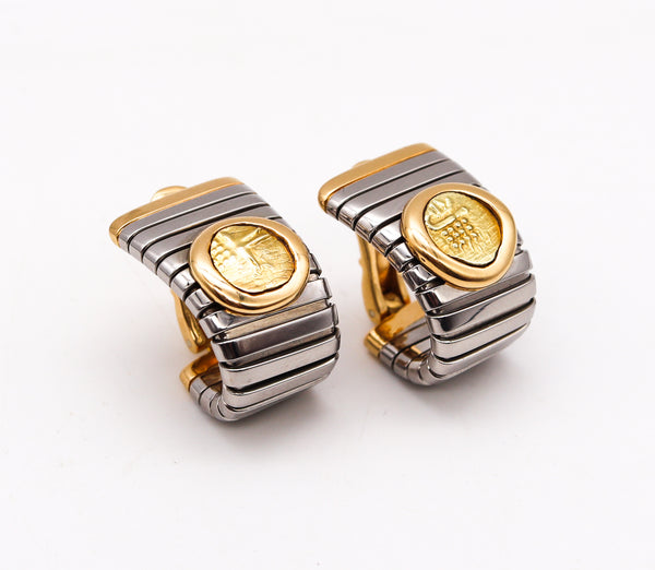 *Bvlgari Roma 1970 Moneta Tubogas Earrings in 18 kt Gold and Steel with Gold Coins