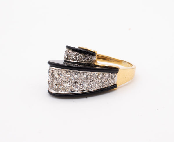 TISHMAN & LIPP 1970'S SCULPTURAL COCKTAIL RING WITH 4.75 Ctw IN DIAMONDS AND ONYX
