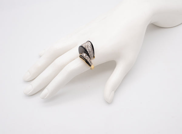 TISHMAN & LIPP 1970'S SCULPTURAL COCKTAIL RING WITH 4.75 Ctw IN DIAMONDS AND ONYX