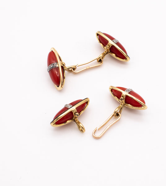 French 1930 Art Deco Cufflinks In 18Kt Gold And Platinum With Ox Blood Coral And Diamonds