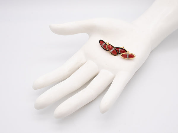 French 1930 Art Deco Cufflinks In 18Kt Gold And Platinum With Ox Blood Coral And Diamonds