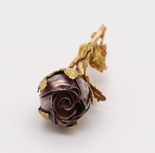 Buccellati 1970 Milan Three Color Rose Flower Brooch In 18Kt Yellow, Rose Gold And Sterling