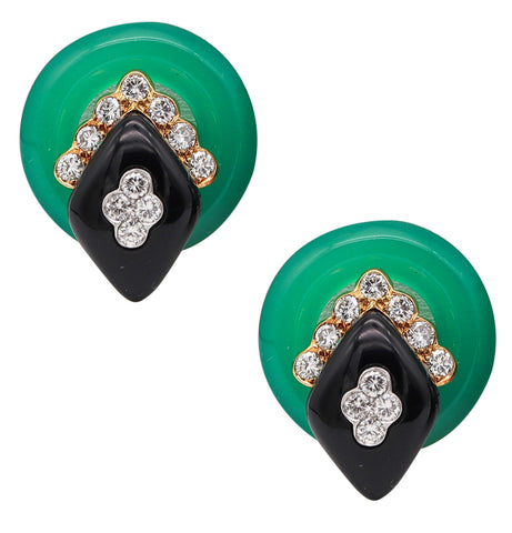 Van Cleef & Arpels 1970 Clips Earrings In 18Kt Gold With 2.20 Ctw Diamonds Onyx And Chrysoprase