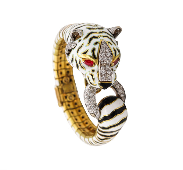 Frascarolo 1960 Milano Enameled Tiger Bracelet In 18Kt Yellow Gold With 3.82 Cts In Diamonds & Rubies