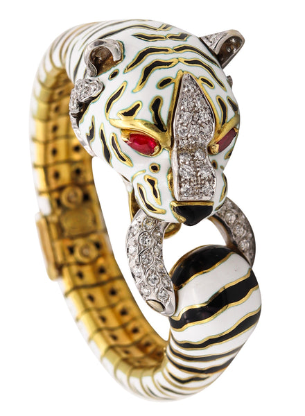 Frascarolo 1960 Milano Enameled Tiger Bracelet In 18Kt Yellow Gold With 3.82 Cts In Diamonds & Rubies