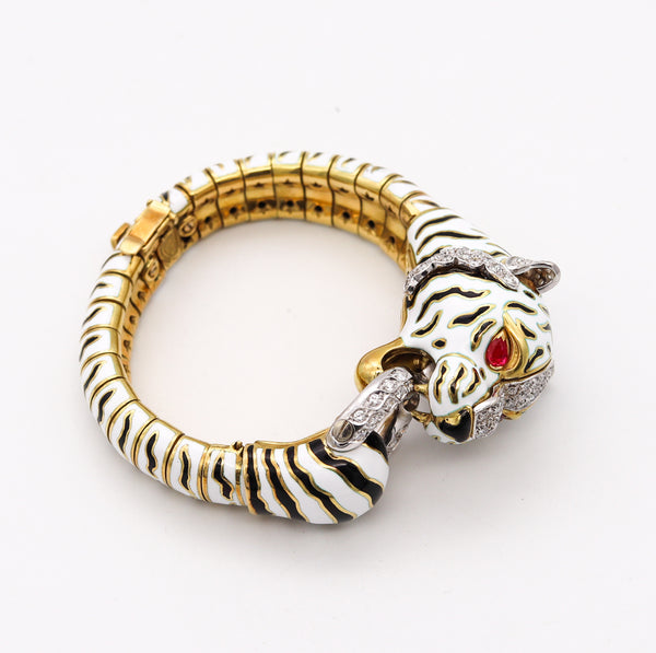 Frascarolo 1960 Milano Enameled Tiger Bracelet In 18Kt Yellow Gold With 3.82 Cts In Diamonds & Rubies