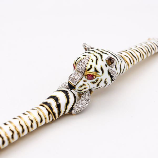 Frascarolo 1960 Milano Enameled Tiger Bracelet In 18Kt Yellow Gold With 3.82 Cts In Diamonds & Rubies