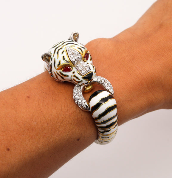 Frascarolo 1960 Milano Enameled Tiger Bracelet In 18Kt Yellow Gold With 3.82 Cts In Diamonds & Rubies