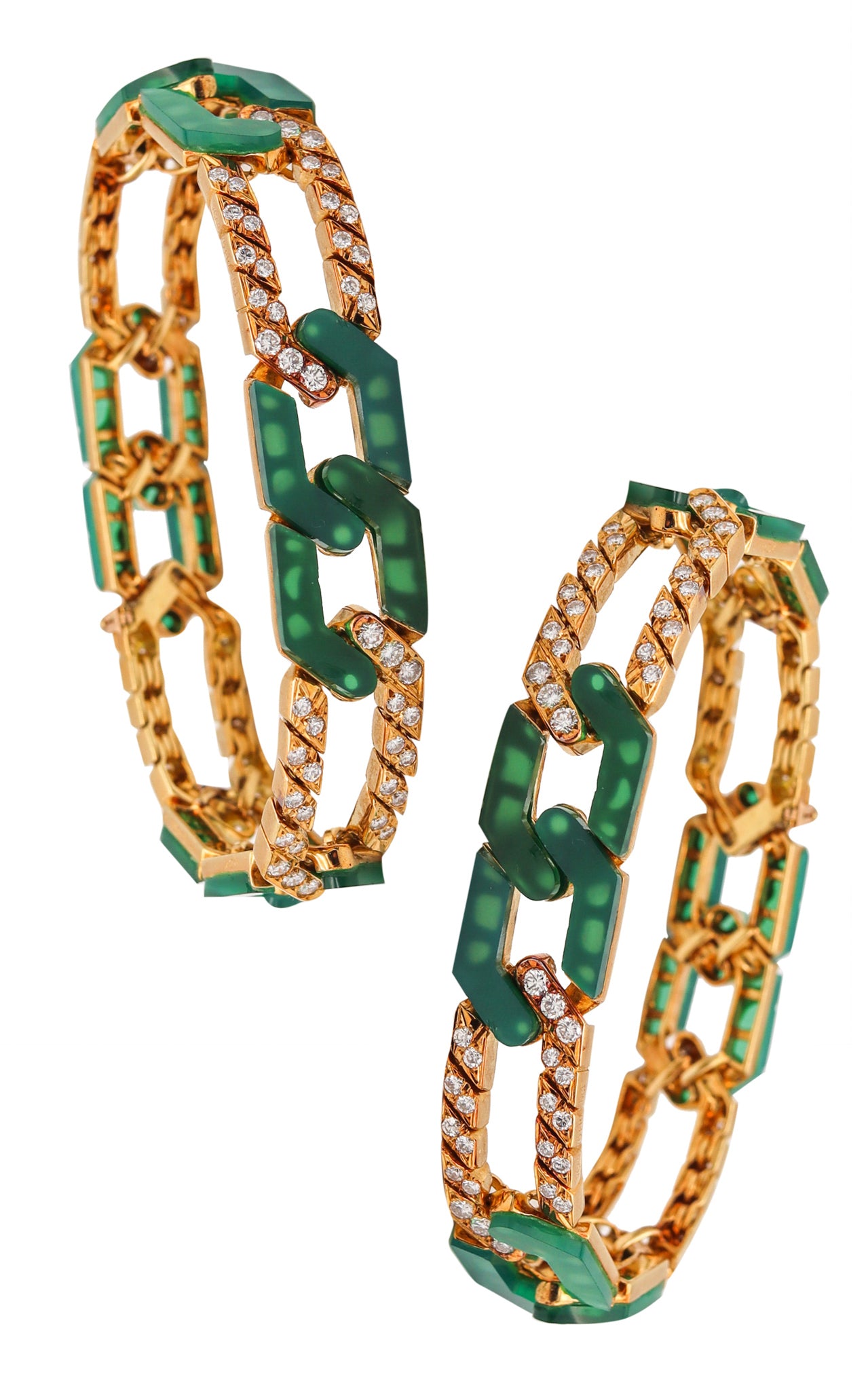 Van Cleef And Arpels 1976 Convertible Bracelets In 18Kt Gold With 6.24 Ctw In Diamonds And Chrysoprase
