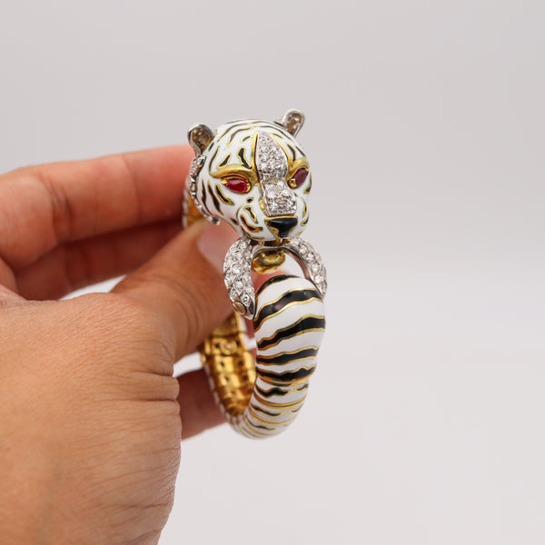 Frascarolo 1960 Milano Enameled Tiger Bracelet In 18Kt Yellow Gold With 3.82 Cts In Diamonds & Rubies