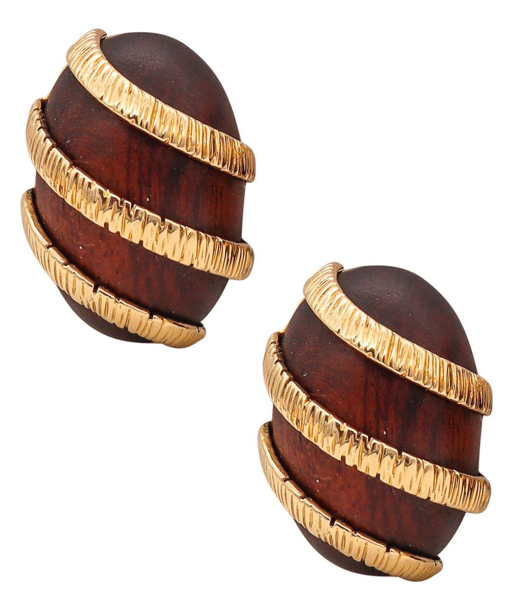 Cartier Paris 1970 Very Rare Earrings In Textured 18 kt Gold with Carved Rose Wood