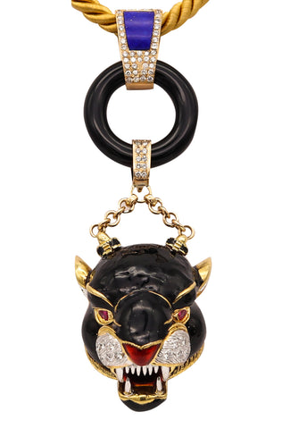 -Frascarolo 1965 Italy Enameled Convertible Pendant Brooch Of Panther In 18Kt Gold With 3.02 Ctw In Diamonds