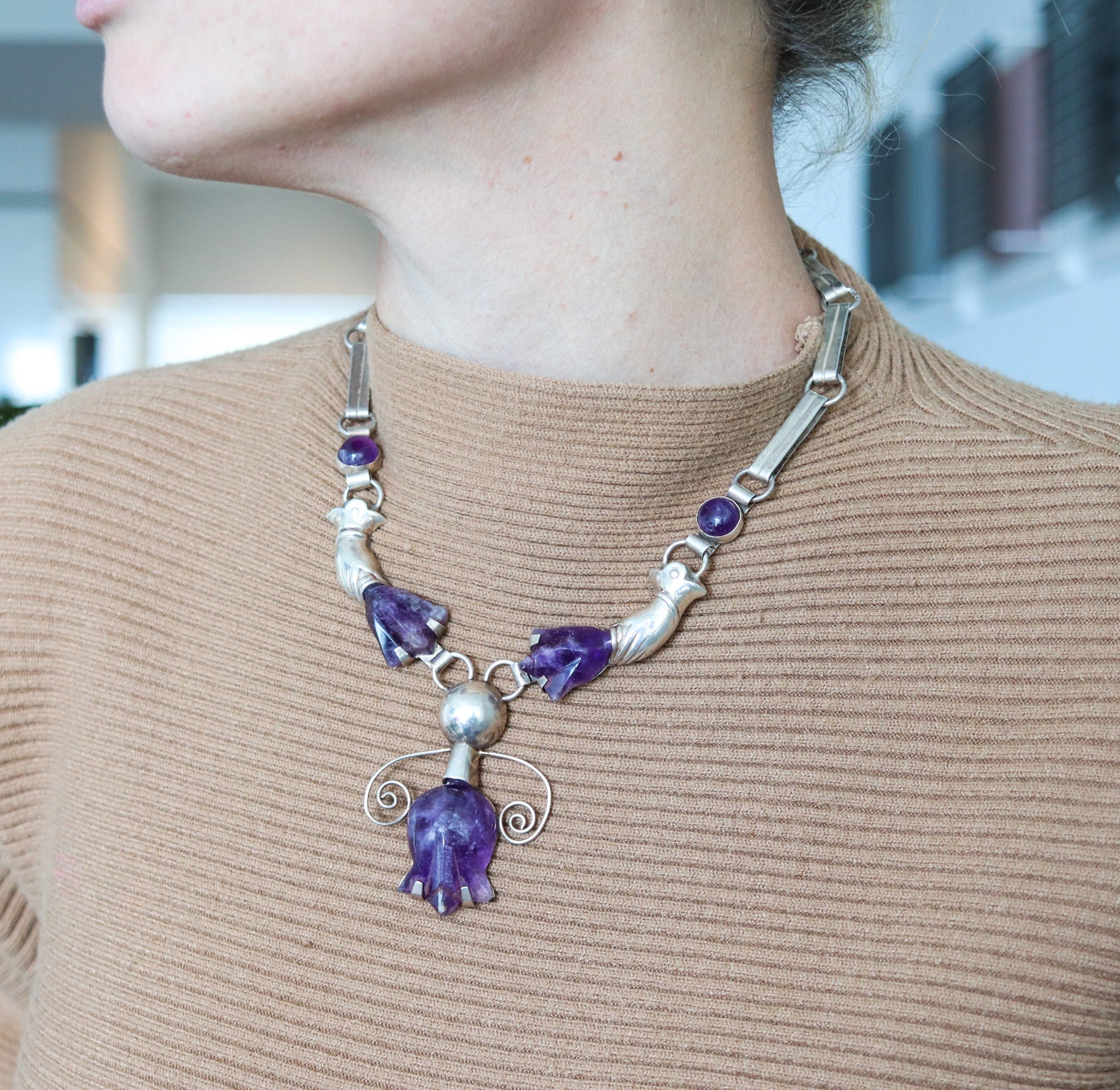 Mexican 1945 Taxco Studio Drop Necklace In .925 Sterling Silver