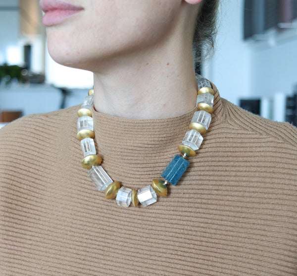 -German Modernist Necklace In 18Kt Yellow Gold With Aquamarine And Rock Quartz