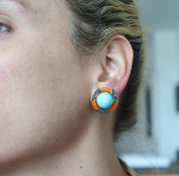 -Leo De Vroomen London Enameled Earrings In 18Kt Yellow Gold And Turquoises