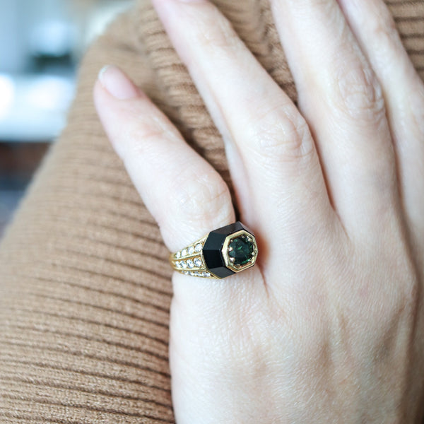 -Jean Thierry Bond 1970 Paris Ring In 18Kt Gold With 1.92 Ctw Diamonds Tourmaline And Onyx