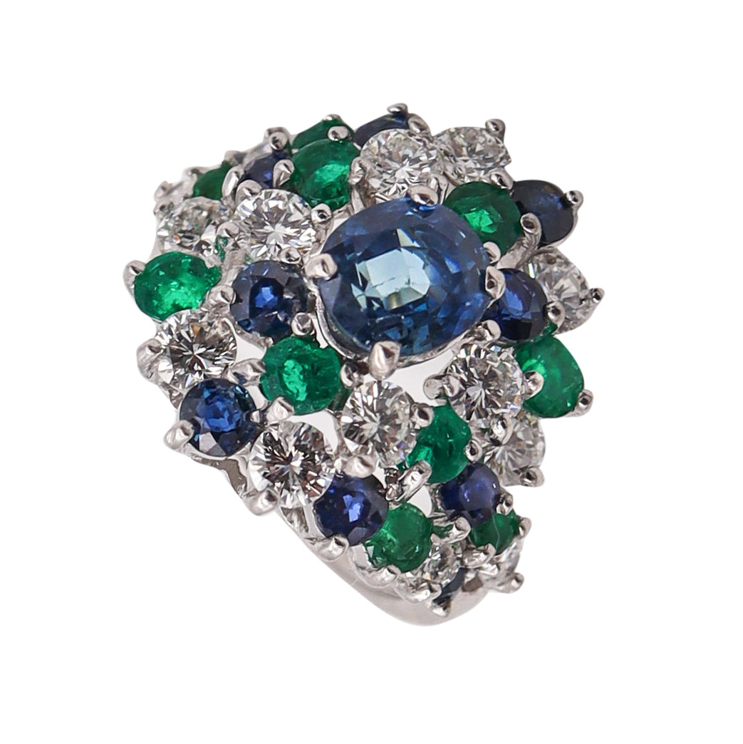(S)Cluster Cocktail Ring In Platinum With 4.92 Ctw In Diamonds Emeralds And Sapphires