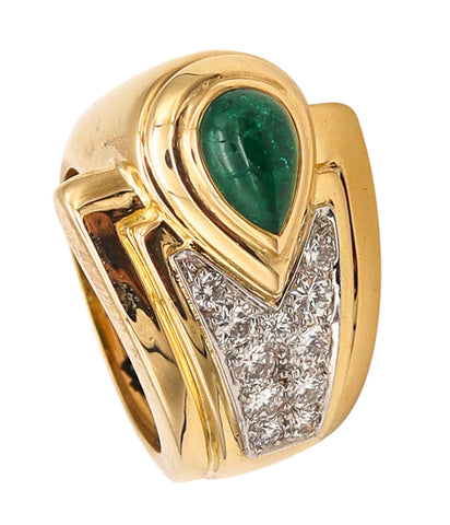 David Webb Cocktail Ring In 18kt Gold & Platinum With 2.65 Cts In Emerald And Diamonds