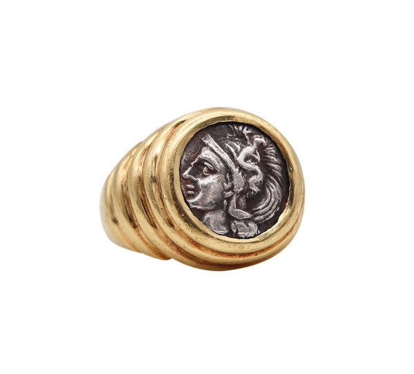 -Bvlgari Roma 1970 Moneta Signet Ring In 18Kt Yellow Gold With Ancient Greece 380-325 BC Tarentum Diobol
