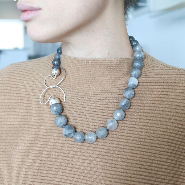 -Monica Coscioni Roma Faceted Gray Agate Bead Necklace In .925 Sterling Silver
